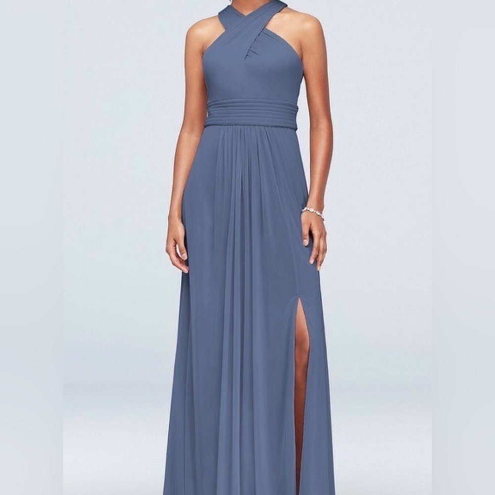 NWT Unaltered David’s Bridal Size 8 Steel Blue Chiffon Dress